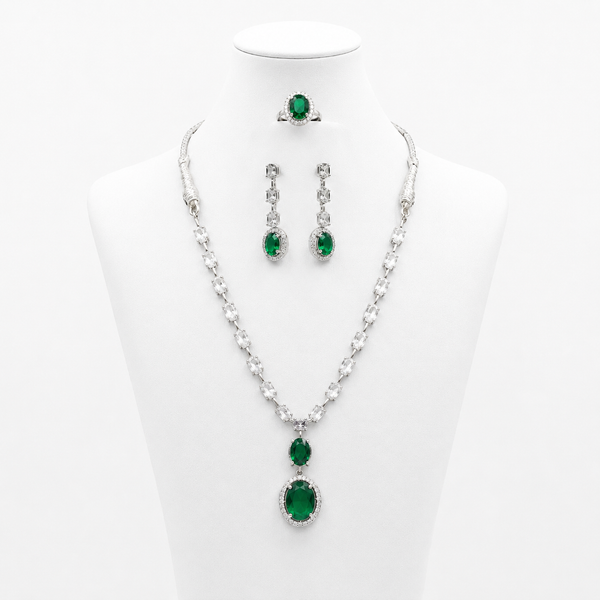 Ensemble Bijoux de Luxe Vert – Collier, Boucles d’Oreilles & Bague