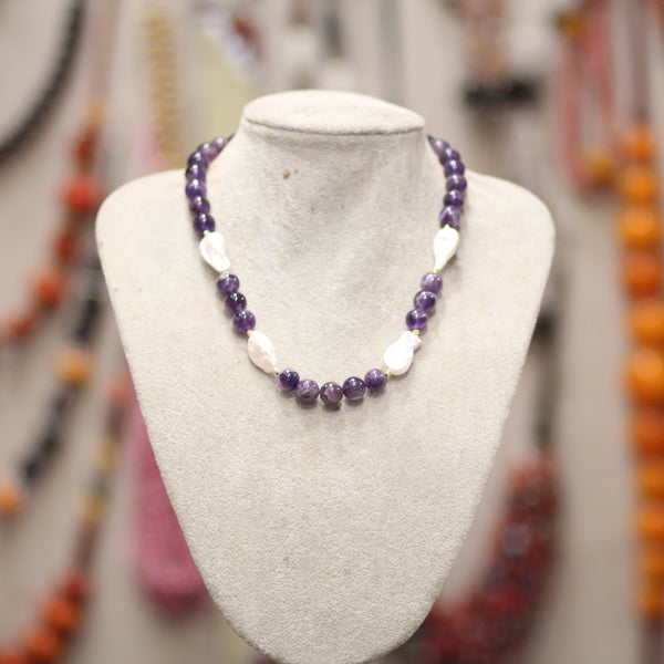 Collier en Améthyste Naturelle & Perles Naturelles – Lilas