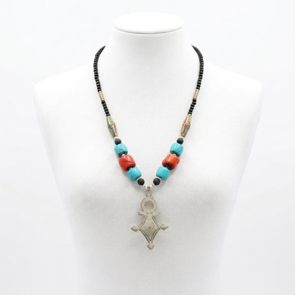 Collier Croix du Sud en Turquoise, Corail & Pierre de Lave